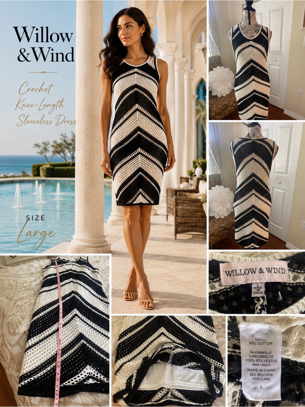 Willow & Wind Chevron Crochet Sweater Dress L Black White Lined - Picture 2 of 10